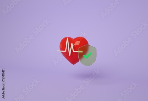 Red heart with pulse line concept. Heartbeat or cardiogram, pulse beat measure, cardiac assistance, medical aid and health care. Healthcare, finance and medical service. 3d render