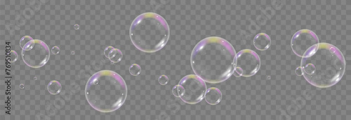 Vector soap bubbles png. Flying soap bubbles. Soap bubbles with various reflections. Detergent, soap, shampoo, foam.