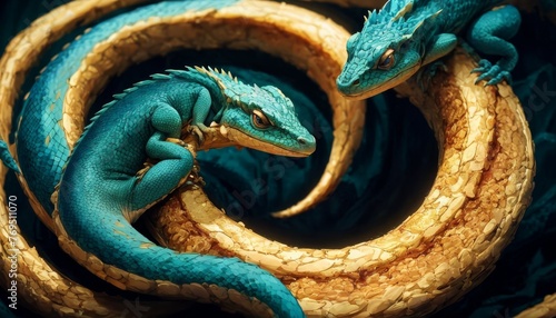 Two azure serpents entwine in an infinite loop, their scales glistening, evoking ancient symbols of eternity against a shadowy abyss.