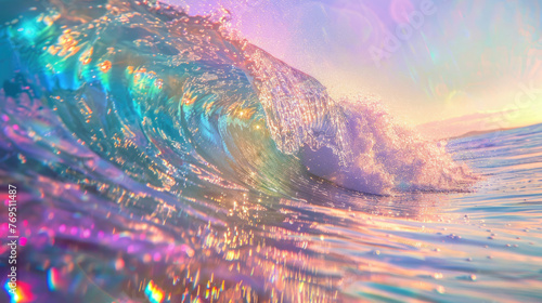 Fantastic mother-of-pearl sea waves. The waves shimmer in the sun with bright colors. Generative AI