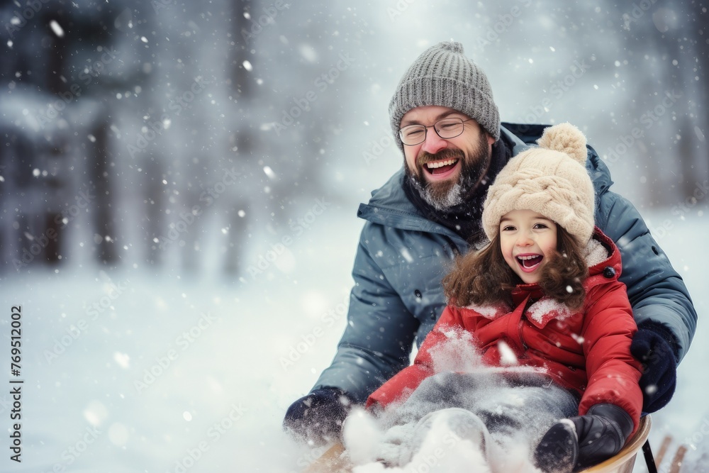 Father and daughter enjoying a sled ride in the snow
