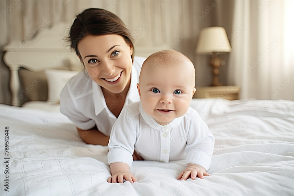 Mother and baby smiling on a white bed Mother and baby smiling on a white bed