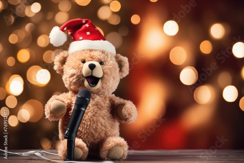 Teddy bear with a microphone and Christmas hat