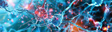 Close-up digital portrayal of a active synapse between neural cells with vivid colors and dynamic lighting
