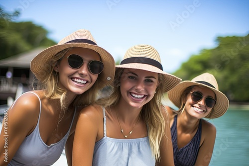 Three women with sunglasses and sunhats