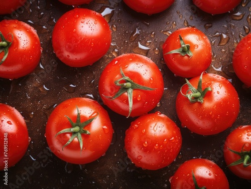 Fresh tomatoes with water droplets on dark surface © BetterPhoto
