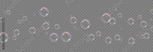 Vector soap bubbles png. Flying soap bubbles. Soap bubbles with various reflections. Detergent, soap, shampoo, foam.