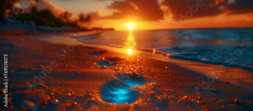 Bioluminescent Footprints Along Ocean Shore, Capturing Magic in Nature Photography - AI-Generated