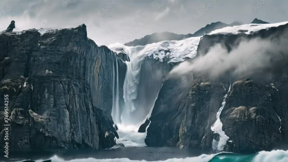 beautiful aerial view of a grand cliff and waterfall enveloped in fog, with a backdrop of mountains and sky beautiful aerial view of a grand cliff and waterfall enveloped in fog, with a backdrop of mountains and sky