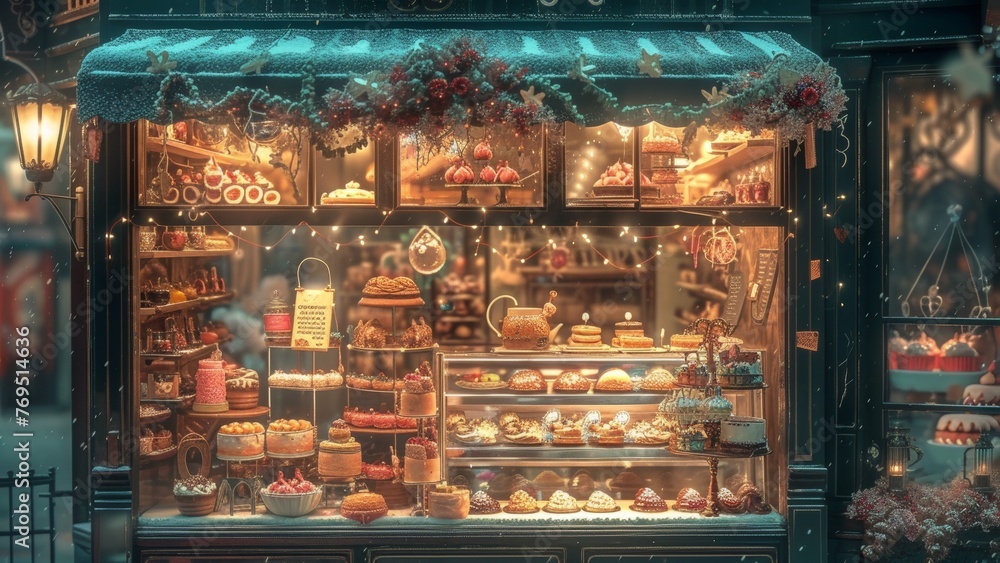 An enchanting bakery display window filled with delectable desserts, lit by fairy lights on a magical evening.
