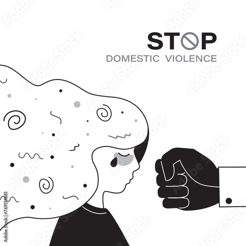 Giant fist threatens scared girl. Stop violence against women awareness. Battered woman, protest against domestic violence and female abuse, bullying.