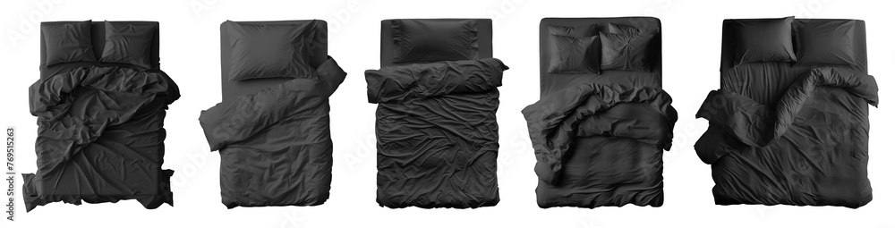 Collection set of black blank blanket, pillows, comforter duvet bedding double king queen single bed top view on transparent cutout, PNG file. Many design. Mockup template for artwork graphic design - obrazy, fototapety, plakaty 