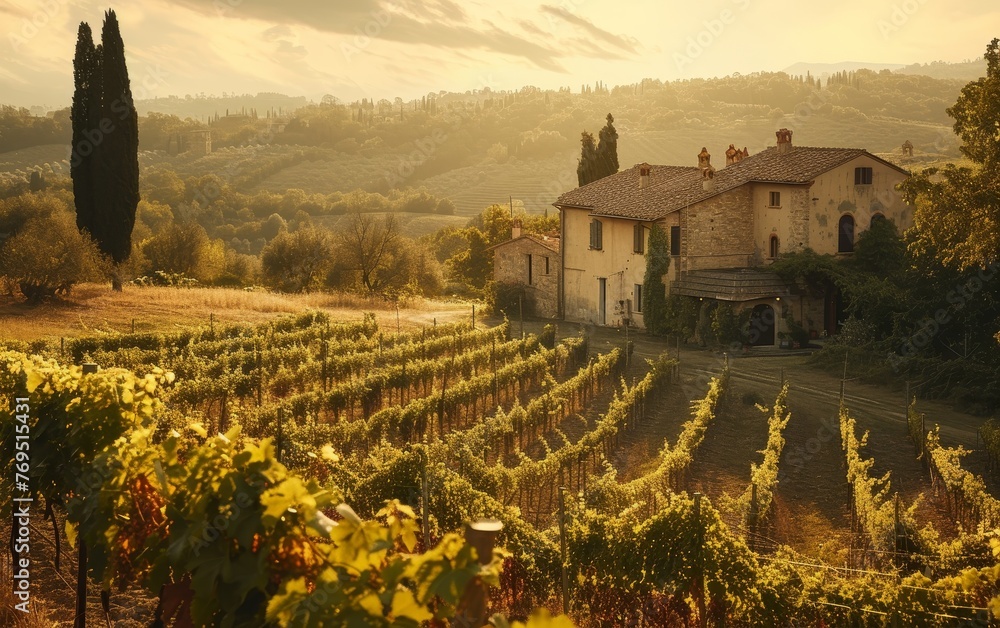 The sun sets over a lush Tuscan vineyard, casting a golden glow over the rolling hills and estate.