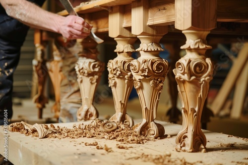 carver creating ornate legs for a bespoke wooden dining set photo