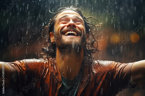 The Hopecore-inspired portrait of a man dancing freely in the rain, embracing life's challenges with optimism, resilience, and a sense of inner joy.