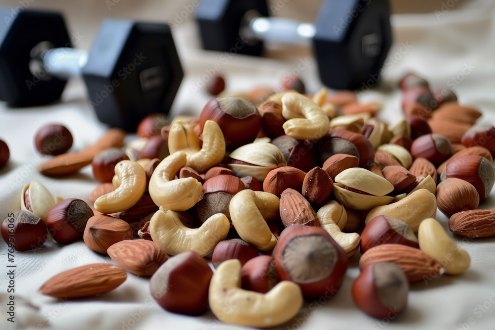handful of mixed nuts with dumbbells scattered in the back - obrazy, fototapety, plakaty 