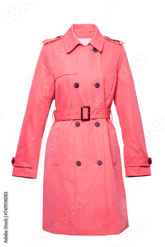 Woman coat isolated. A luxurious and stylish elegant female red  trenchcoat on mannequin isolated on a white background. Trench coat for spring and summer fashion. photo