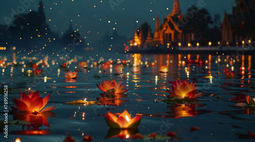 Traditional floating lanterns gently glide on a river against a twilight sky, creating a serene and picturesque scene