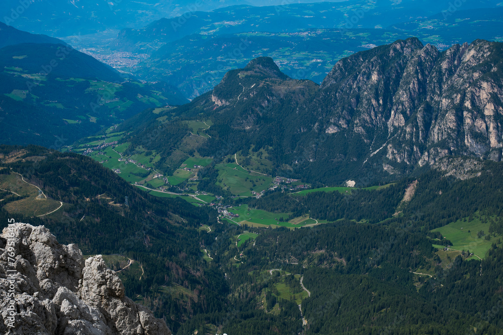 Beautiful panorama from Pass Santner in Val di Fassa, Italy
