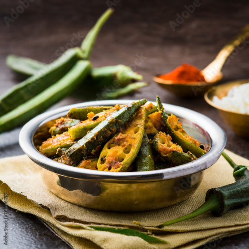 indian masala fried okra bhindi or ladyfinger curry