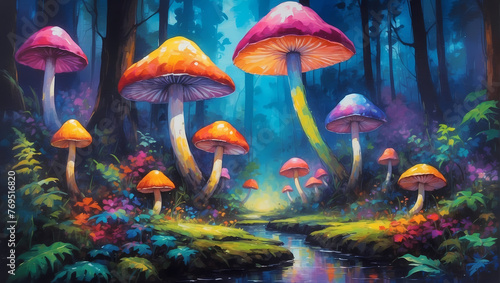 Mushrooms thrive in the forest, surrounded by nature's beauty This illustration captures the magic of autumn with vibrant colors and intricate details