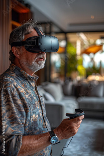 Illustration of a man standing and using virtual reality glasses with black controllers to play virtual reality games on his phone while walking through the living room of a modern home.