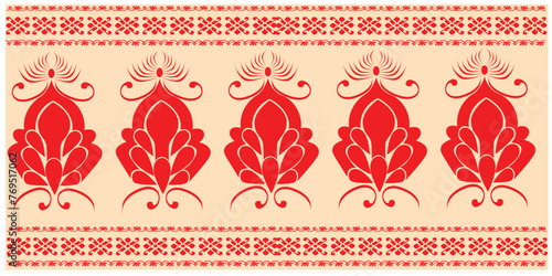 tribal pattern ( assamese pattern ) of northeast india which is used for textile design in assam gamosa , muga silk or other traditional dress.similar to ukrainian pattern or russian pattern.	 photo
