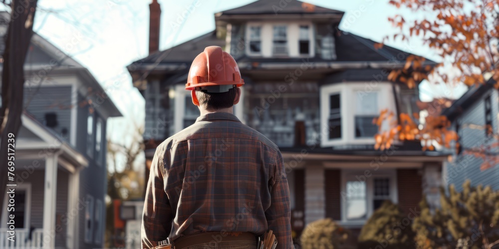craftsman from behind, specializing in energy renovation, wearing a construction helmet. 