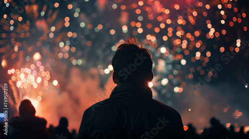 Back view of a person observing vibrant fireworks explode in the dark sky during a public celebration