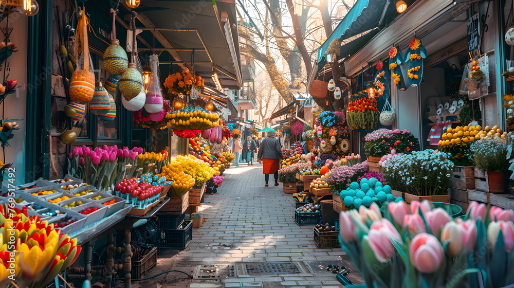 A bustling European Easter market filled with handcrafted decorations, colorful eggs, fresh flowers, and cheerful vendors in traditional attire.
