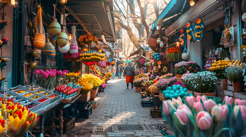 A bustling European Easter market filled with handcrafted decorations, colorful eggs, fresh flowers, and cheerful vendors in traditional attire.  © Abid