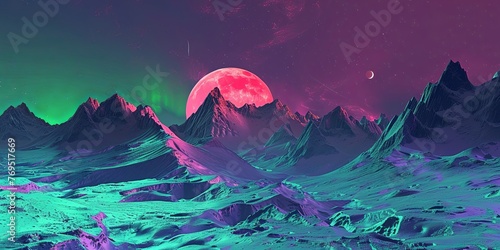alien landscape with mountains, purple and green colors