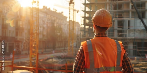 Engineer from behind on a construction site, right side of the image, wearing an orange vest, safety helmet, observing a large construction project, 