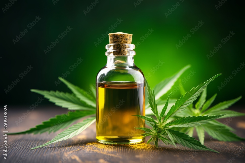 Jar with hemp oil on a background with hemp leaves, concept for cosmetic body and face care
Jar with hemp oil on a background with hemp leaves, concept for cosmetic body and face care