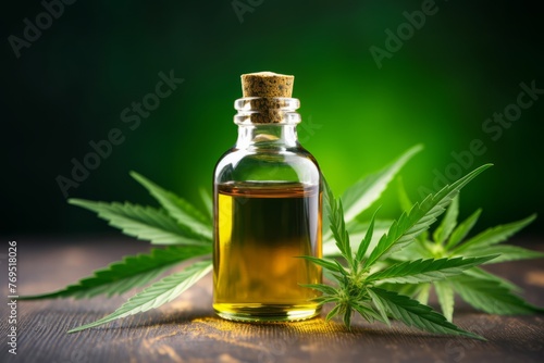 Jar with hemp oil on a background with hemp leaves, concept for cosmetic body and face care 
