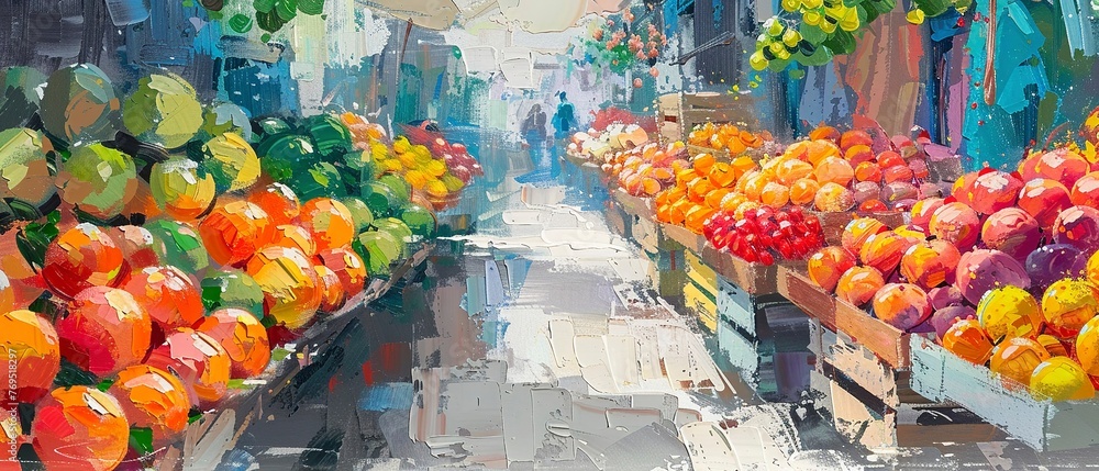 Farmers market, oil painting texture, colorful fruits, bright noon, high perspective. - obrazy, fototapety, plakaty 