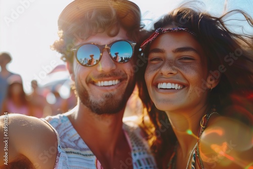 man and woman smiling in a crowdy music festival outdoors photo