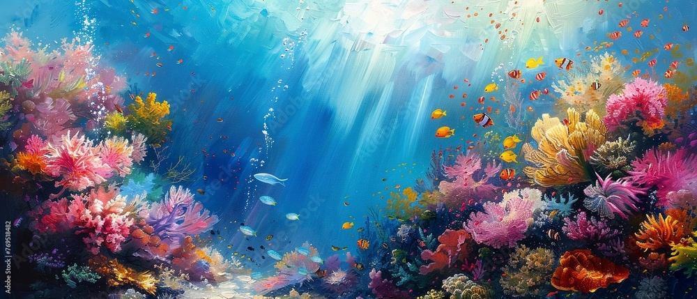 Coral reef, oil paint visual, underwater paradise, sunny day, close-up focus.