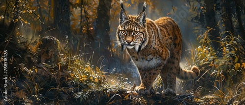 Deep forest  oil paint visual  stealthy lynx  filtered morning light  close-up shot.