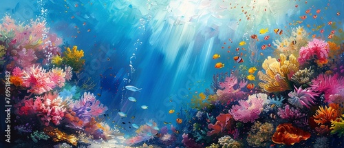 Coral reef, oil paint visual, underwater paradise, sunny day, close-up focus. © Thanthara