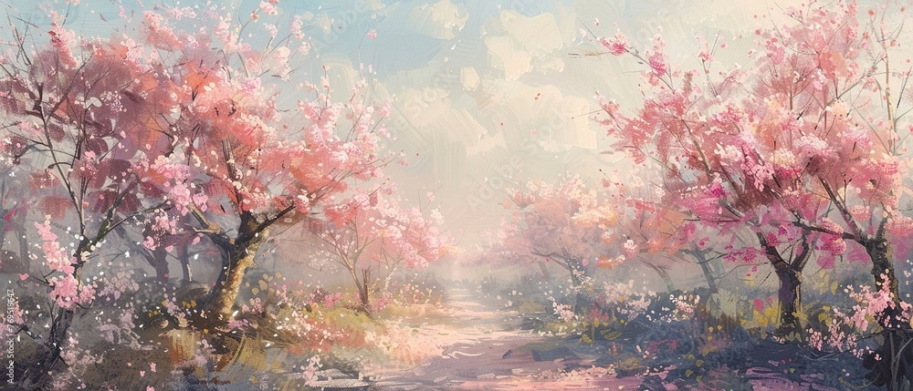 Blossoming cherry orchard, oil paint style, soft morning light, wide-angle view.