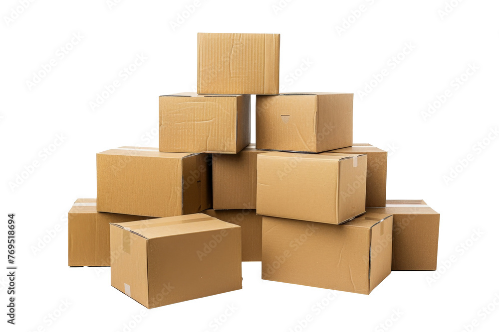 Boxes parcels or cardboard from various side for packaging isolated on transparent png background, open and close carton.