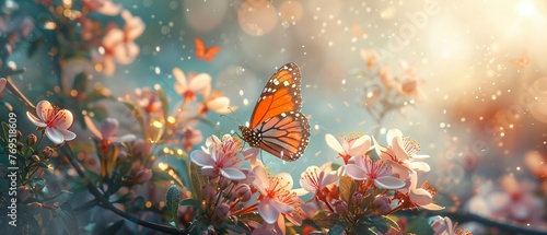 Blossoming garden, oil paint finish, butterflies, bright midday, macro lens style. © Thanthara
