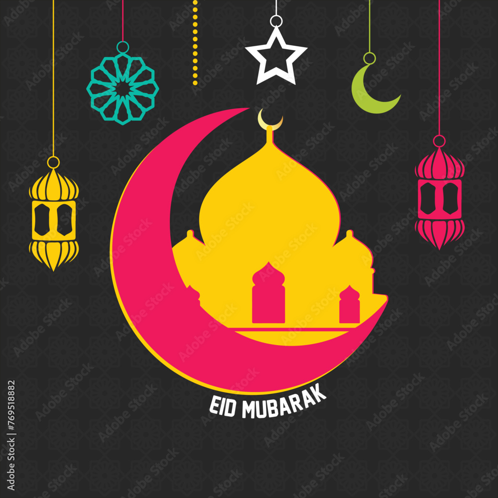 Eid Mubarak Islamic lettering design with mosque and colourful background
Eid Mubarak Islamic lettering design with mosque and colourful background