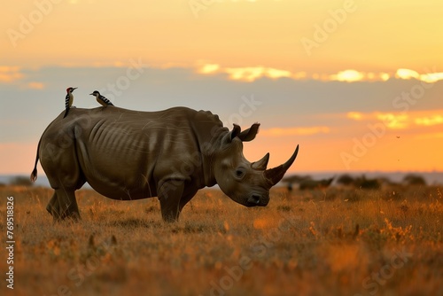 rhino with oxpeckers on back at sunset photo