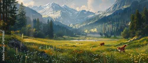Alpine meadow, oil painting effect, frolicking foxes, soft dusk light, low camera angle.