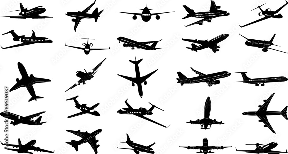 set of passenger planes from different angles silhouette vector - obrazy, fototapety, plakaty 