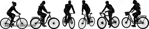 people on bicycle, vector silhouette set