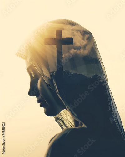 Double exposure image of our lady of grace, Mary and Christian cross photo