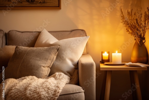 Photo the snug corner photographed from a close perspective, showcasing the warm glow of ambient lighting against textured cushions and a soft rug, with the rest of the room gently blurred photo